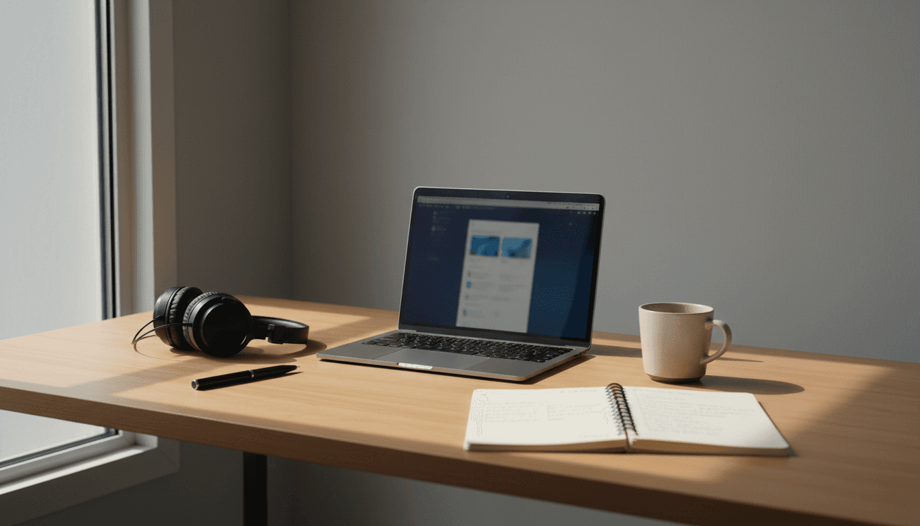 Minimalist creator workspace with laptop and notebook